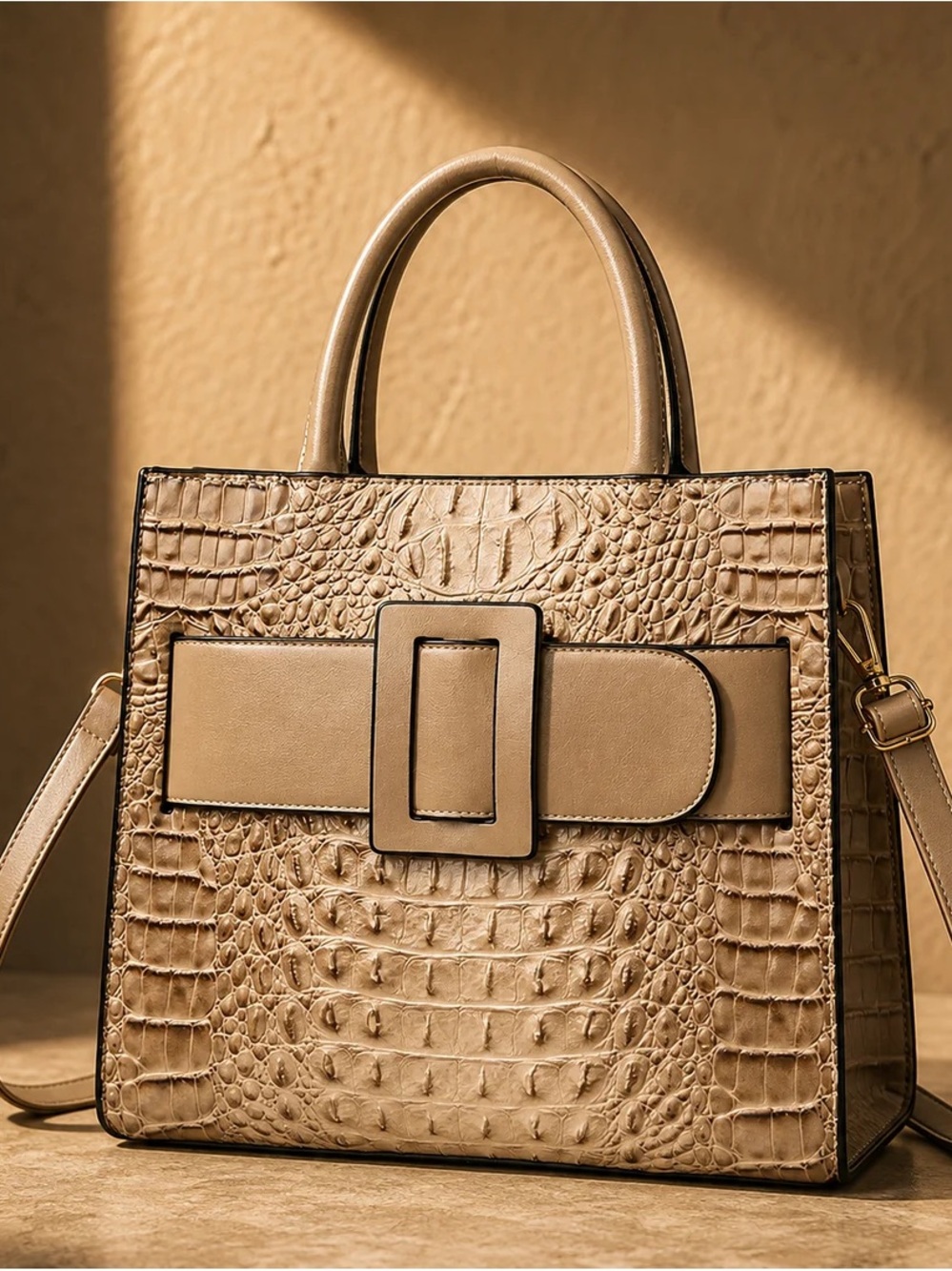 Croc-Embossed Taupe Top-Handle Satchel with Decorative Buckle
